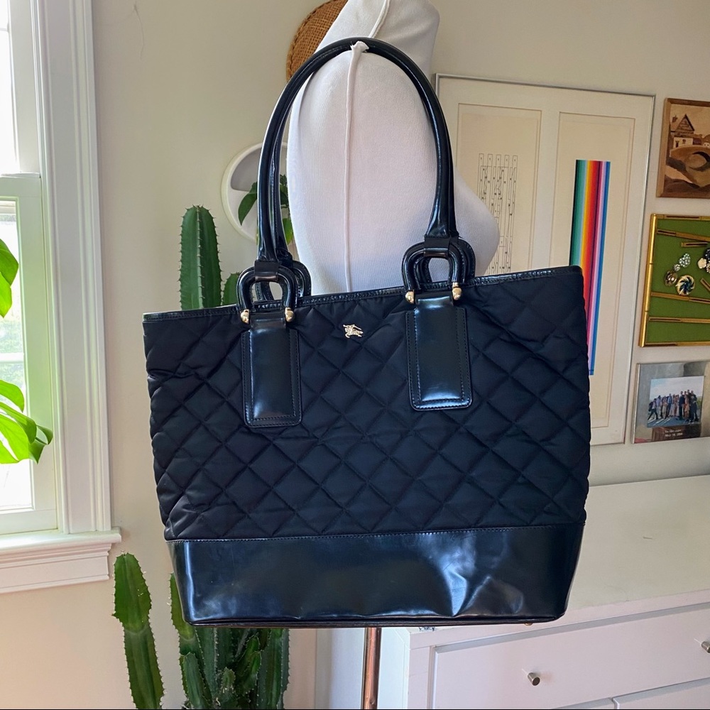 Burberry Black Quilted Nylon & Patent Leather Tote Bag